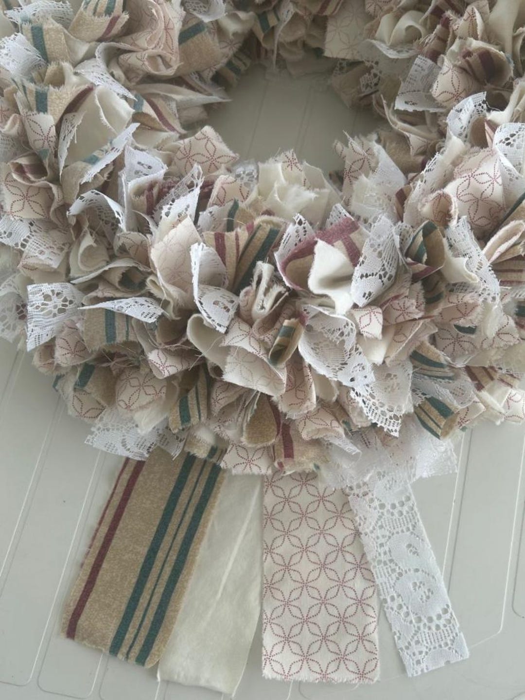 Handmade Farmhouse Rag Wreath: Burgundy, Green & Lace Cotton Fabric ...