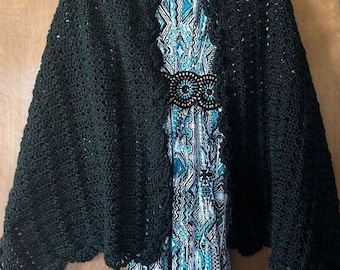 Crochet Black Shawl: Hand Crochet Acrylic Cape, Wedding Evening Wrap