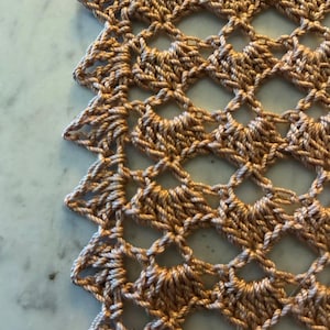 May include: Close-up of a handmade, open-weave crochet item in shades of tan and light brown. The intricate pattern features diamond shapes and a scalloped edge. The texture is visible, highlighting the yarn's delicate construction.