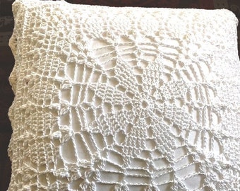 Crochet White Pillow: Farmhouse Shabby Chic Cotton, 14x14 Hand Crochet