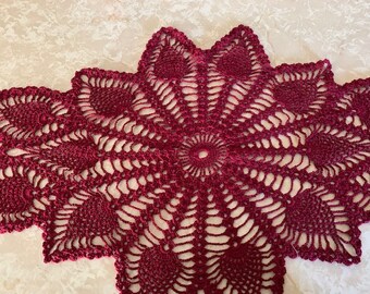 Crochet Burgundy Pineapple Doily - Oblong Cotton Table Runner Hand Crochet