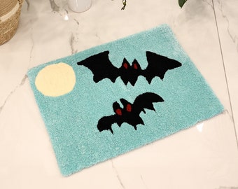 Halloween Bats Blue Rug Handmade Tufted Gothic Home Decor