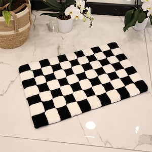 Handmade Black and White Checkerboard Tufted Rug, Bedroom Aesthetic Gift