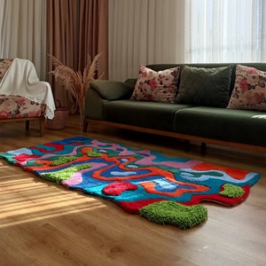 Irregular Multicolor Abstract 100% Hand Tufted Rug, Modern Art Unique Carpet, Dining Room Decor