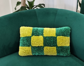 Emerald Green Checkered Tuft Sofa Throw Lumbar Cushion Cover, Boho Chic Pillow, Your Cozy Living Room, Long Summer Pillows, Gift for Grandma