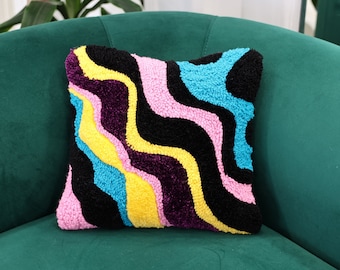 Punch Needle Throw Pillow Cover: Abstract Wavy Lines, Vivid Colors