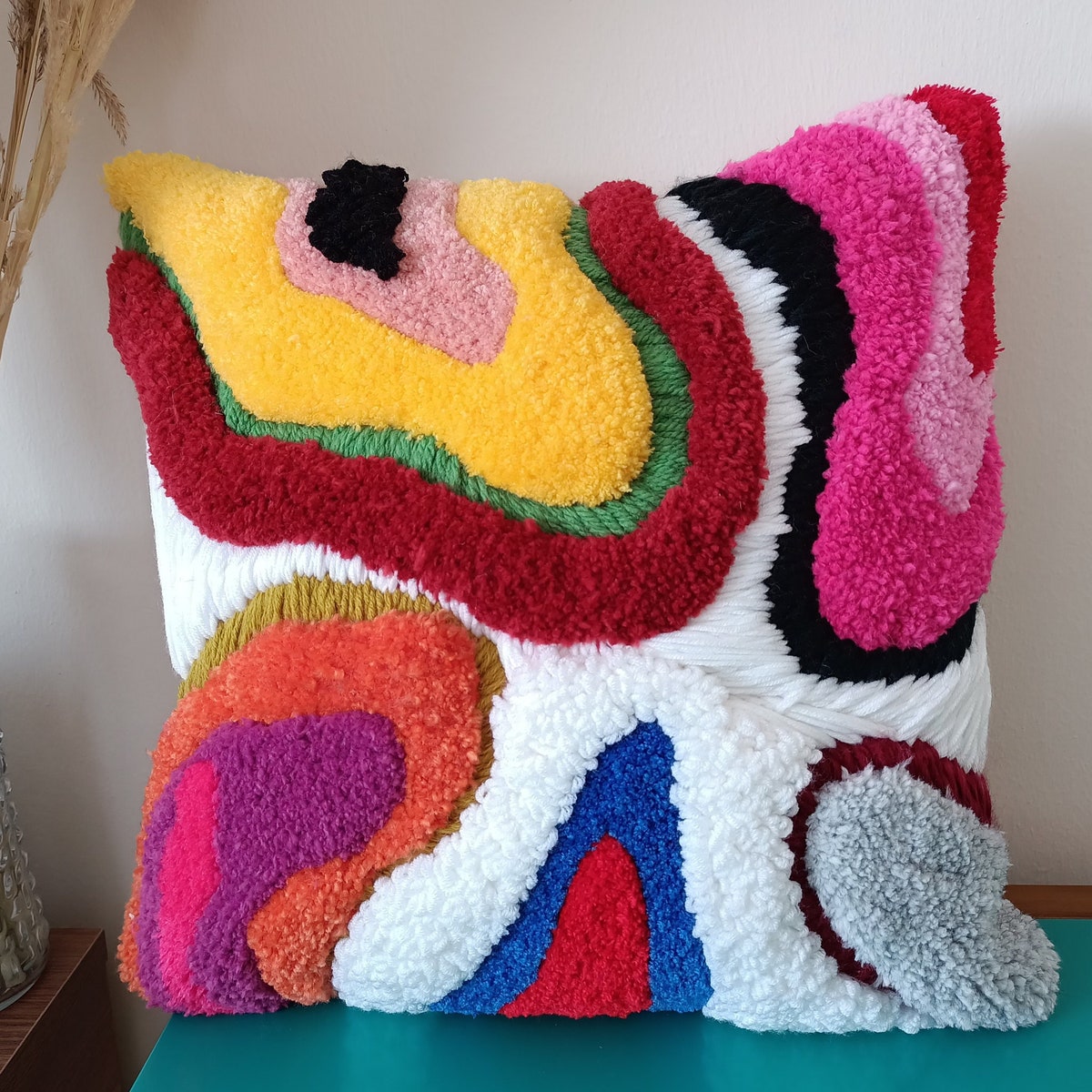 Abstract Rainbow Tufted Pillow Cover: Handwoven Wool Decor