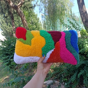 Navy Lumbar Tufted Rectangle Pillow, Abstract Accent Multicolor Cushion, % Handmade, Housewarming Gift Apartment