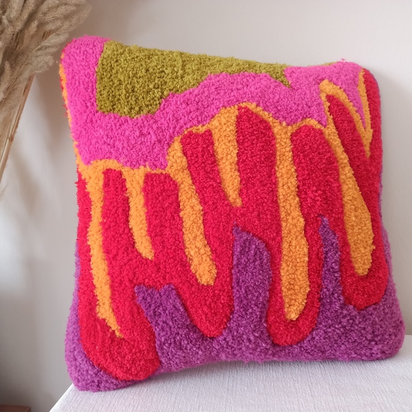 Handgetuft wollen kussen: kleurrijk abstract pop-artkussen, linnen achterkant