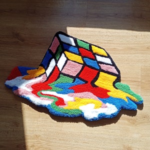 3D Feel Melting Rubiks Cube Hand Tufted Area Rug, Funny Colorful Embroidered Hallway Carpet, Gamer Gift, Tufting Wool Rug, Kids Room Decor