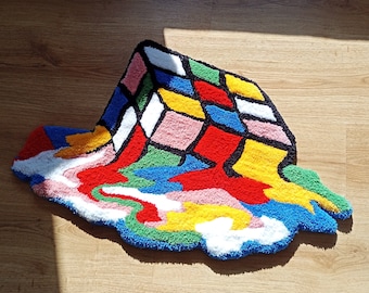 3D Feel Melting Rubiks Cube Hand Tufted Area Rug, Funny Colorful Embroidered Hallway Carpet, Gamer Gift, Tufting Wool Rug, Kids Room Decor