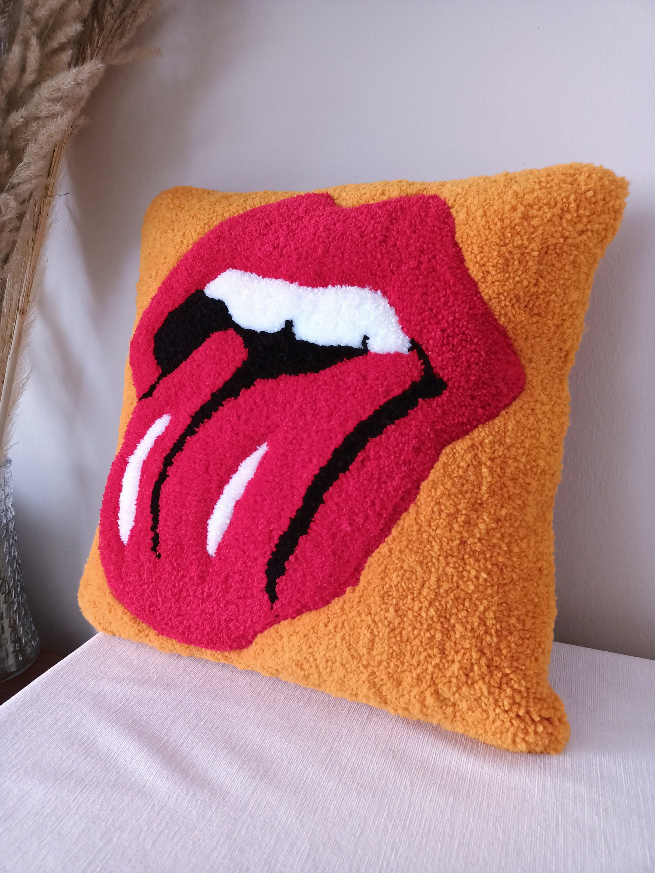 Red Sexy Lips Tongue Out Tufting Throw Pillow, Rolling Stones Cushion, Preppy Art Gift, Retro Home Decoration, Rocking Lovers Gift