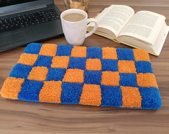 Checkered Desk Top Blue Orange Decor Tufting Rug, Gift for Colleague, Bedroom Decor, Office Gift, Accessory Holder, Fluffy Decor