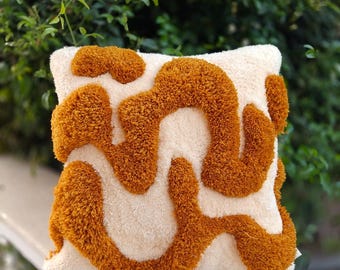 3D Fluffy Tufted Wavy Abstract Handmade Pillow Cover, Customizable Colors Cushion