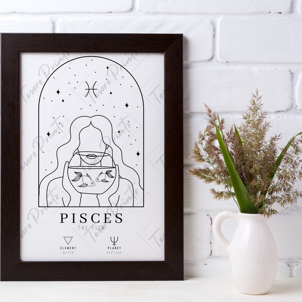 Pisces Wall Art, Pisces Digital Print, Zodiac Home Decor, Star Sign Art, Birthday Decor, Living Room Wall Art