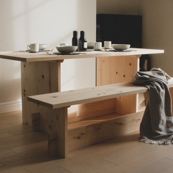 Minimalist Japanese Inspired Dining Table & Bench - Clean And Contemporary Flat Pack Design - Handmade Bespoke - Reclaimed Wood