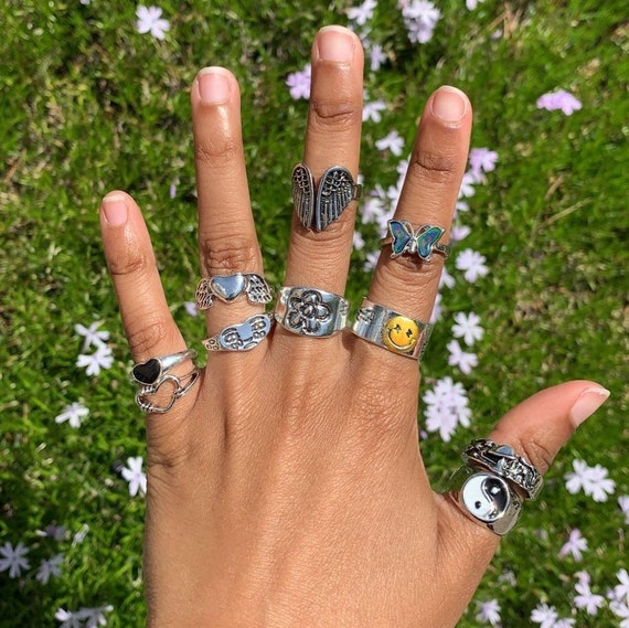 ADJUSTABLE Y2K and Nature Rings Stackable Rings Silver Etsy