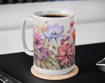 Akvarell blommig omslutande kaffekopp, latte mugg, present till blomsterälskare