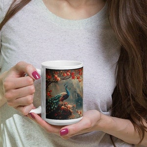 Watercolor Peacock Coffee Mug: Botanical Landscape Ceramic Cup