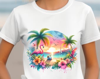 Tropical Sunset Flamingo T-Shirt: Vibrant Beach Scene Tee