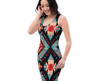 Walisisch inspiriertes, figurbetontes Kleid, figurbetontes Kleid mit geometrischem Print und authentischem walisischem Design, walisisches Cocktailpartykleid