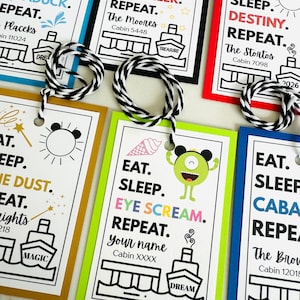May include: A collection of rectangular luggage tags with black and white twine loops. Each tag features a cruise ship graphic, a sun icon, and the text Eat. Sleep. Repeat. along with personalized names, cabin numbers, and colorful borders.