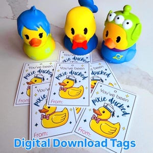 May include: Three novelty duck toys with character-themed designs, alongside several cards that read "You've been pixie ducked". The cards feature a cartoon duck wearing a sailor hat. The text "Digital Download Tags" is at the bottom.