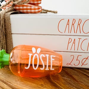Może przedstawiać: Białe drewniane pudełko z napisem "Carrot Patch 25&cent;". Przed pudełkiem znajduje się plastikowy pojemnik w kształcie marchewki z napisem "Josie".