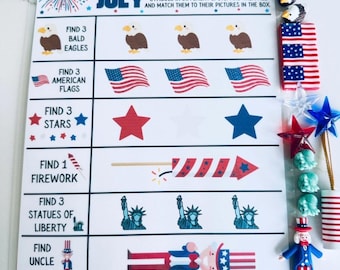 4th of July Preschool Scavenger Hunt, Game Board and Pieces Shipped to You