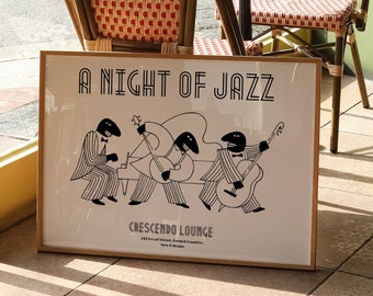 Jazz Art, Illustration New Orleans Poster, Jazz Poster, Hand Drawn Jazz Print, Bar Cart Outline Design, Classy Cartoon Wall Art, Retro Music
