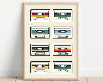 Cassettekunst, poster retromuziek, kunst aan de muur oude schoolmuziek,
