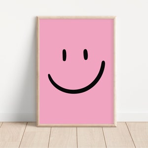 Smiley Face Poster, 90s Wall Poster, Vintage Colourful Decor, Yellow Funny Print, Y2K Wall Art, Retro Aesthetic Happy Pink Print, Bold Print