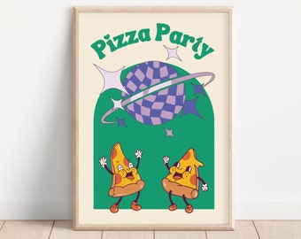 Cartoon Pizza Print, Printable Pizza Party Wall Art Download, Retro Cartoon