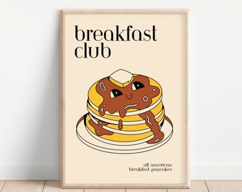 Cartoon Pancake Poster, Breakfast Club Poster Preppy Room Decor, Retro Cartoon Print, Cute Food Kitchen Wall Art, Simple Art
