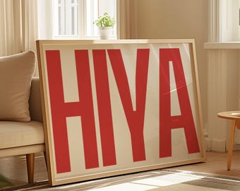 Hello Print Red Welcome Poster, Modern Typography Landscape Art, Horizontal Entryway Decor, Hiya Bold Prints for Hallway, Retro Wall Art