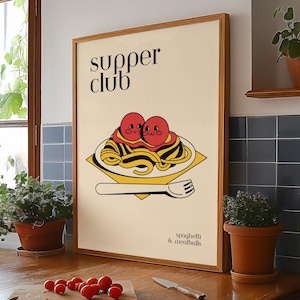 Impresión de espaguetis, arte de dibujos animados retro, peculiar arte de pared de pasta, impresión divertida de cocina, póster de comida de moda, lindo amante de la comida, decoración de comedor, obra de arte para habitación de niños