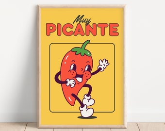 Retro Cartoon Chilli Pepper Print, Maximalist Preppy Wall Art, Funny Spicy Poster, Funky Wall Art, Dopamine Decor, Funny Food Kitchen Art