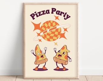 Pizza Party Cartoon Print, Retro Cartoon Poster, Cute Character Art, Vintage Cartoon Wall Art, Kitchen Disco Decor, Preppy Room Decor