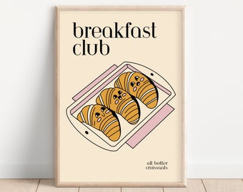 Cute Retro Croissant Poster, Bed and Breakfast Kitchen Decor, Cartoon French Food Simple Print, Retro Cartoon Art