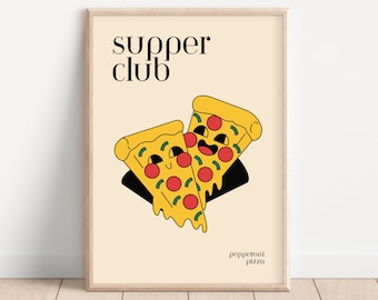 Cartoon Pizza Print, Pizza Party Wall Art, Retro Cartoon Poster, Kitchen Decor