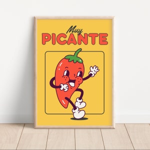 Retro Cartoon Chilli Pepper Druck, Maximalist Preppy Wandkunst, lustiges würziges Plakat, flippige Wandkunst, Dopamin-Dekor, lustiges Essen Küchenkunst