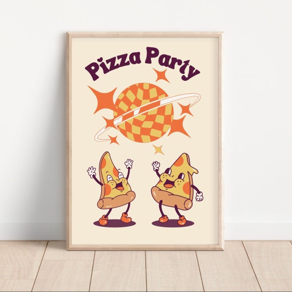 Pizza Party Cartoon Print, Retro Cartoon Poster, Cute Character Art, Vintage Cartoon Wall Art, Kitchen Disco Decor, Preppy Room Decor