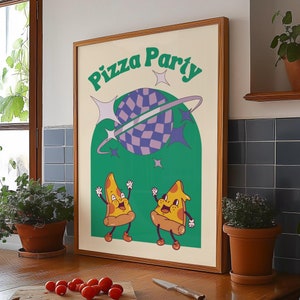 Póster retro de dibujos animados divertidos para niños, pizza, arte maximalista, declaración audaz, póster, impresión divertida para la cocina, decoración para iluminar, lindo arte de pared para amantes de la comida
