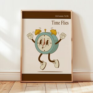 Impresión de reloj de dibujos animados retro, póster de Time Flies, arte de pared vintage, decoración estética peculiar, obra de arte tipográfica de mediados de siglo, cita motivacional divertida