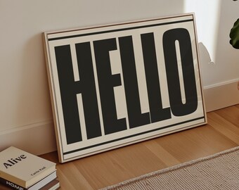 Hello Print Welcome Poster, Modern Typography Landscape Art, Horizontal Wall Art Entryway Decor, Bold Prints for Hallway, Retro Wall Art