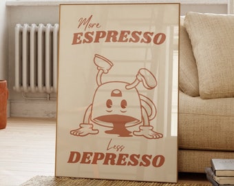 Retro Coffee Digital Preppy Wall Art, Quotes About Life Print, More Espresso Less Depresso