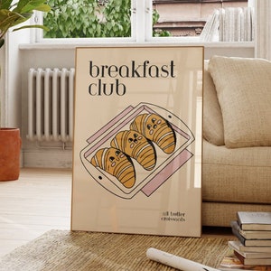 Uroczy plakat retro croissant, wystrój kuchni Bed and Breakfast, kreskówka francuskie jedzenie proste cyfrowe pobieranie wydruku