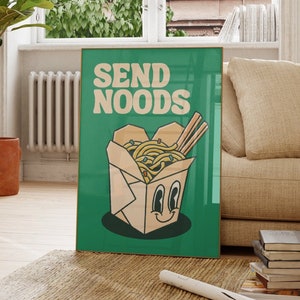 Op de afbeelding: Een groene poster met de tekst "SEND NOODS" in wit. Onder de tekst staat een cartoonillustratie van een afhaalcontainer met noedels en eetstokjes.