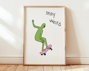 Alien Poster, Quirky Skateboarder Gift, UFO Poster, Cool Wall Art, Sci-Fi Wall Decor, Hand Drawn Illustration, Doodle Art Print, Retro Print