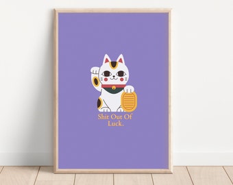 Lucky Cat Poster, Japandi Wall Art, Maneki Neko Print, Japanese Decor, Cat Themed Gifts, Beckoning Cat, Unique Quirky Cartoon Art